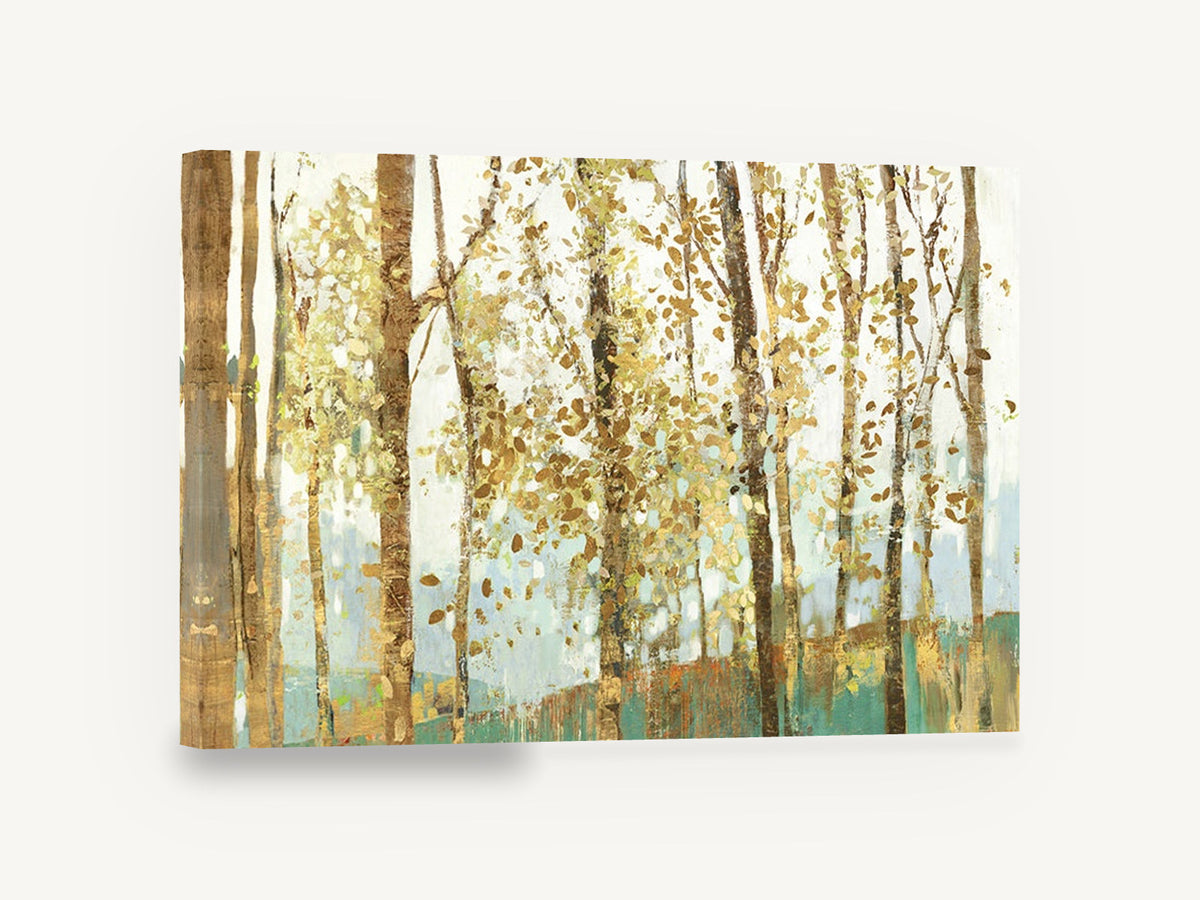Golden Birch Grove, golden leaf forest abstract landscape, floral canvas wall art print ready to hang