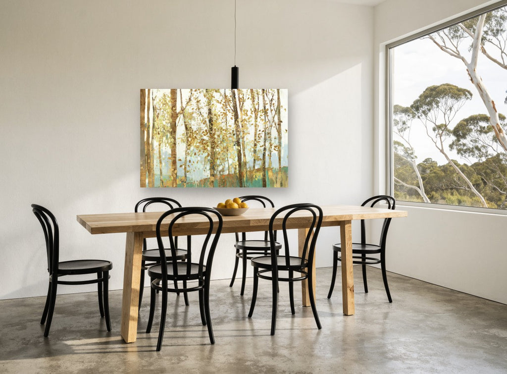 Golden Birch Grove floral canvas print on the wall of a dining room