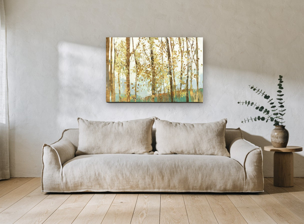 Golden Birch Grove floral canvas print on the wall of a living room