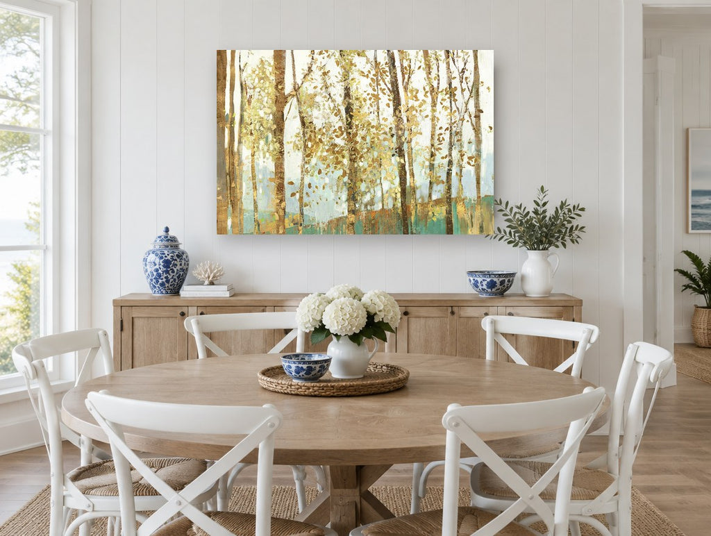 Golden Birch Grove floral canvas print on the wall of a Hamptons dining room