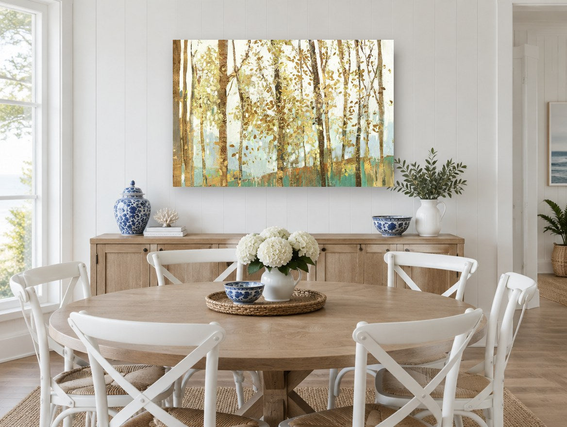 Golden Birch Grove floral canvas print on the wall of a Hamptons dining room