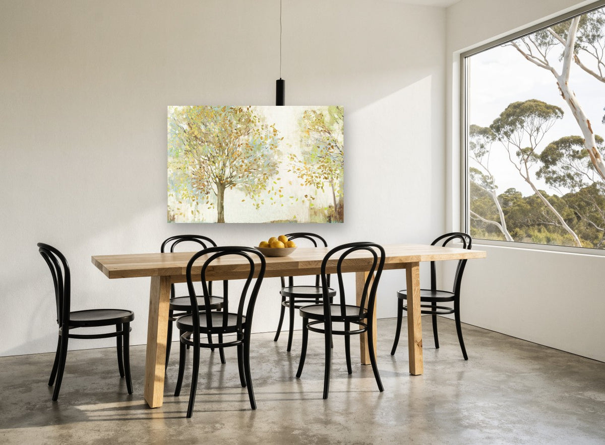 Golden Leaf Fall floral canvas print on the wall of a dining room