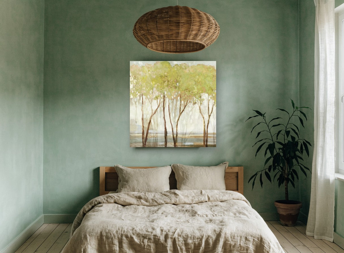 Misty Green Grove floral canvas print on the wall of a bedroom