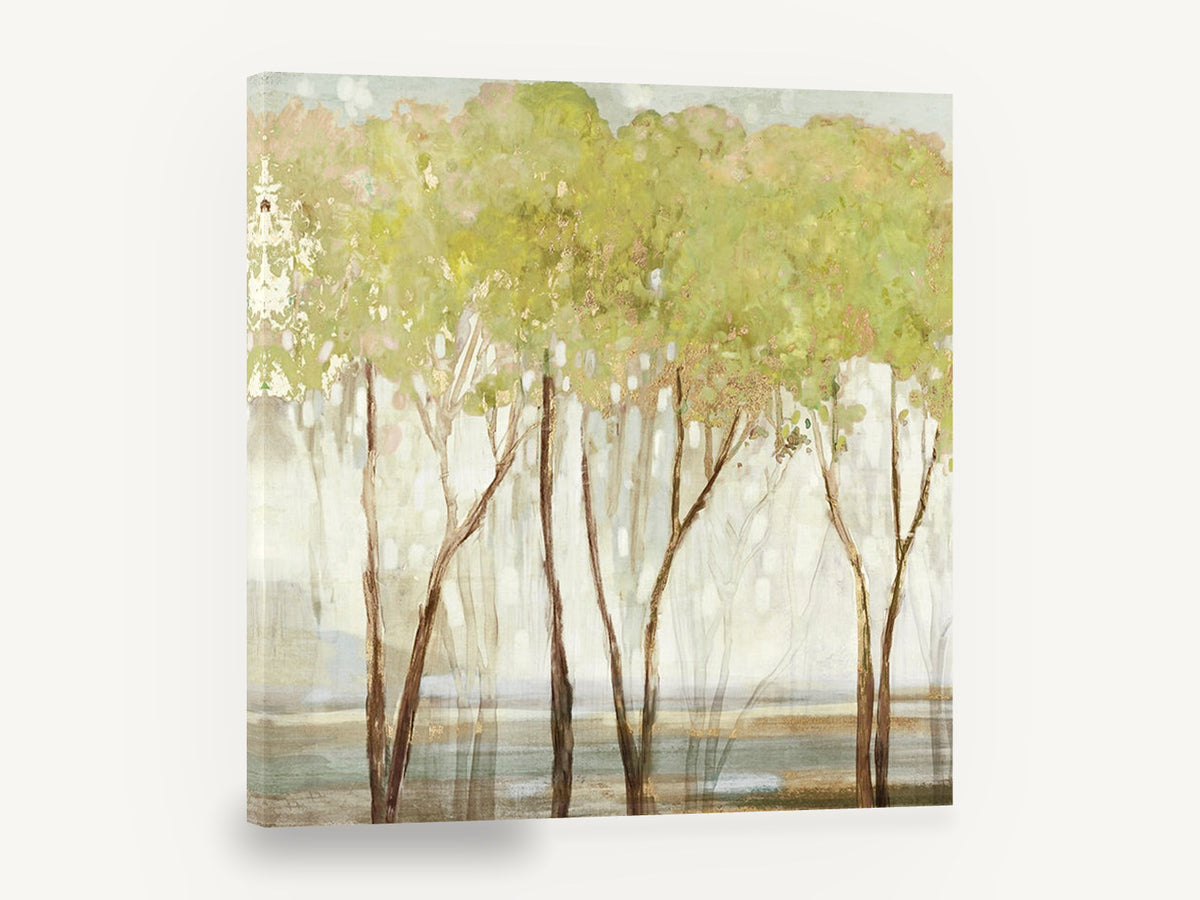 Misty Green Grove, green tree grove abstract landscape, floral canvas wall art print ready to hang