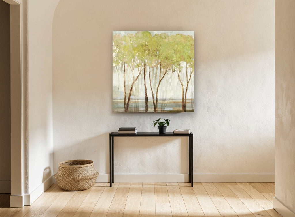 Misty Green Grove floral canvas print on the wall of a hallway