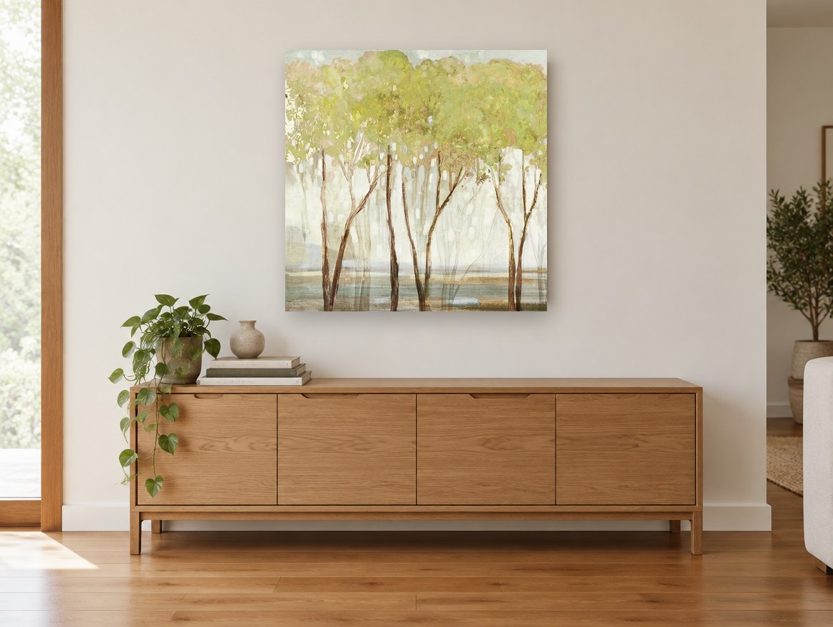 Misty Green Grove floral canvas print on the wall of a living room above a sideboard