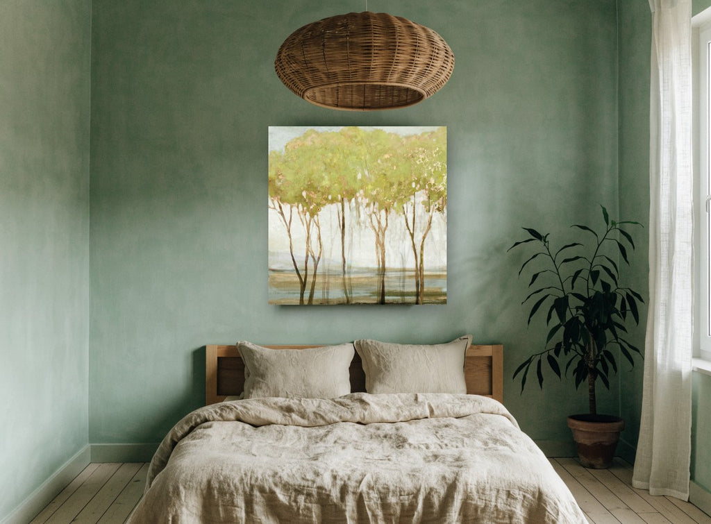 Gilded Green Grove floral canvas print on the wall of a bedroom