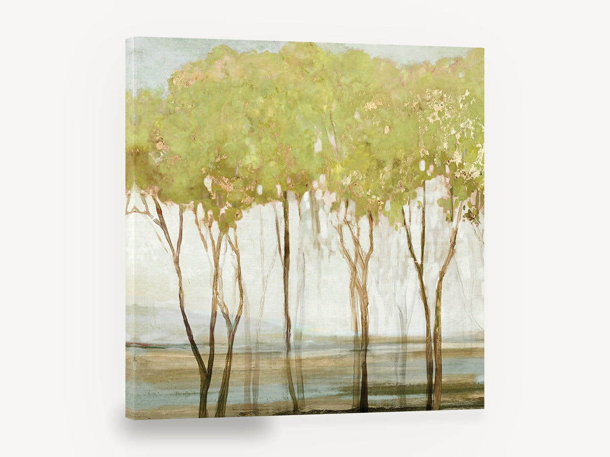 Gilded Green Grove, green gold leaf trees abstract painting, floral canvas wall art print ready to hang
