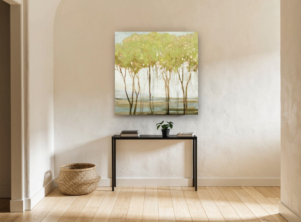 Gilded Green Grove floral canvas print on the wall of a hallway
