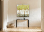 Gilded Green Grove floral canvas print on the wall of a hallway