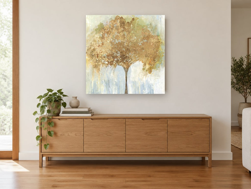 Gilded Canopy floral canvas print on the wall of a living room above a sideboard