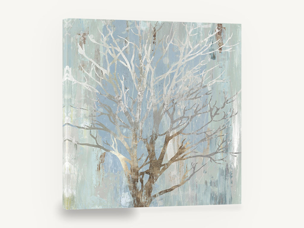 Silver Branch Haze, bare tree branches blue abstract painting, floral canvas wall art print ready to hang