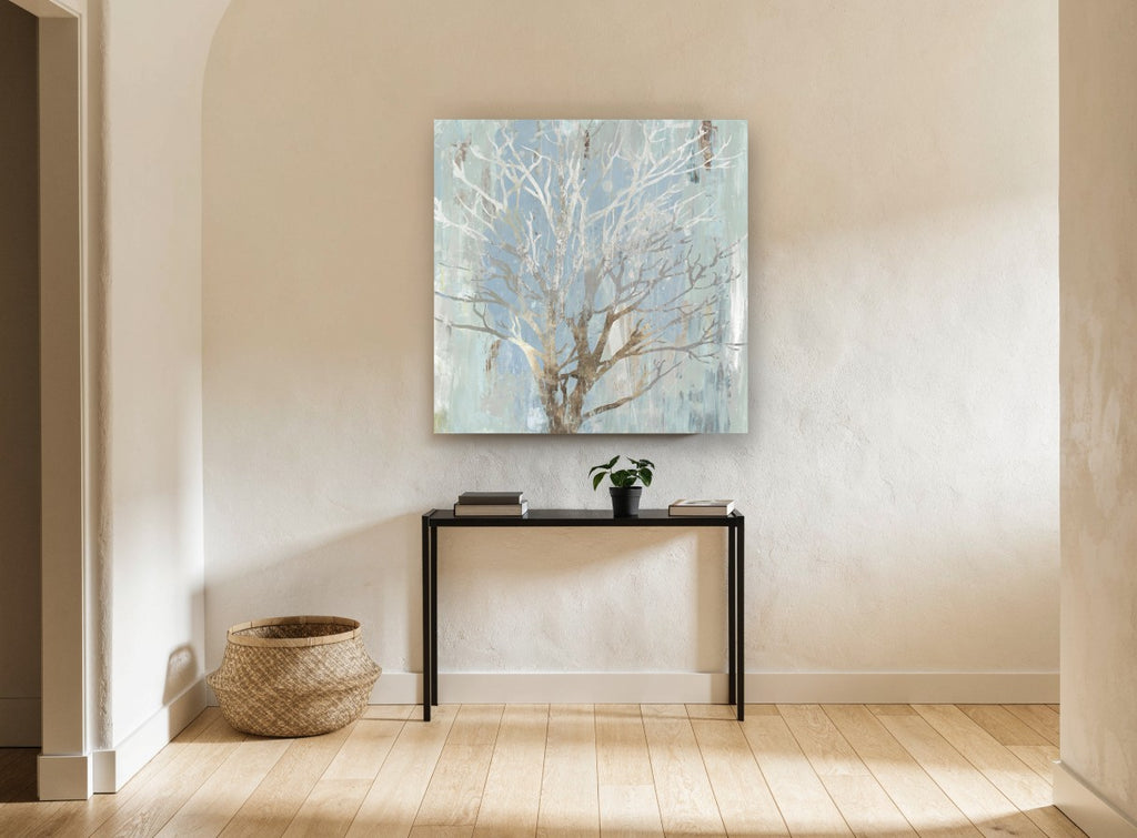 Silver Branch Haze floral canvas print on the wall of a hallway