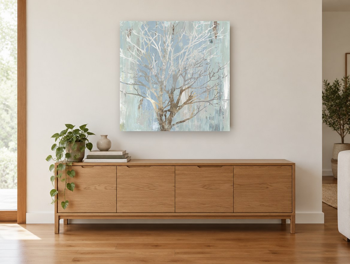 Silver Branch Haze floral canvas print on the wall of a living room above a sideboard