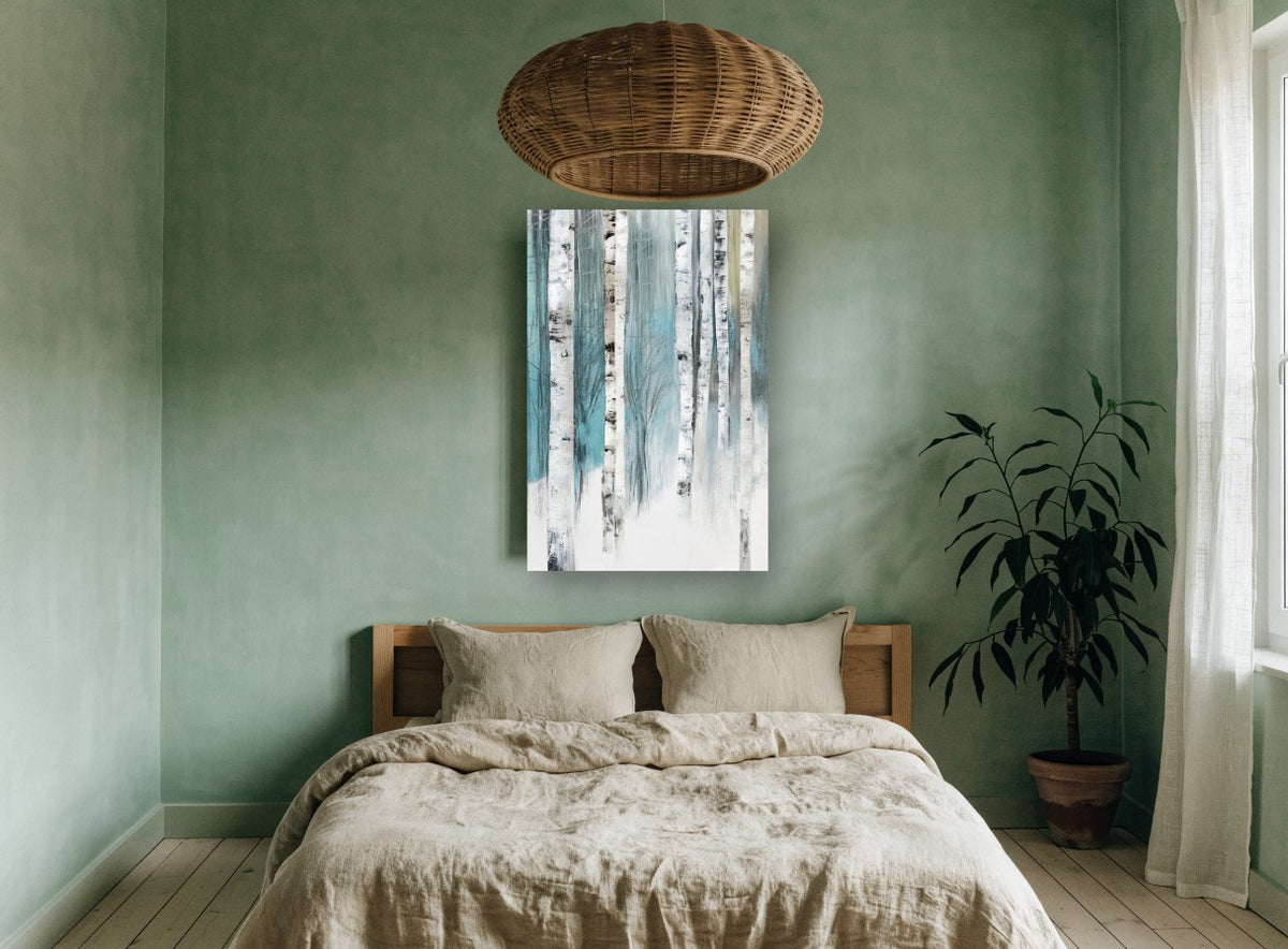 Teal Birch Stand floral canvas print on the wall of a bedroom