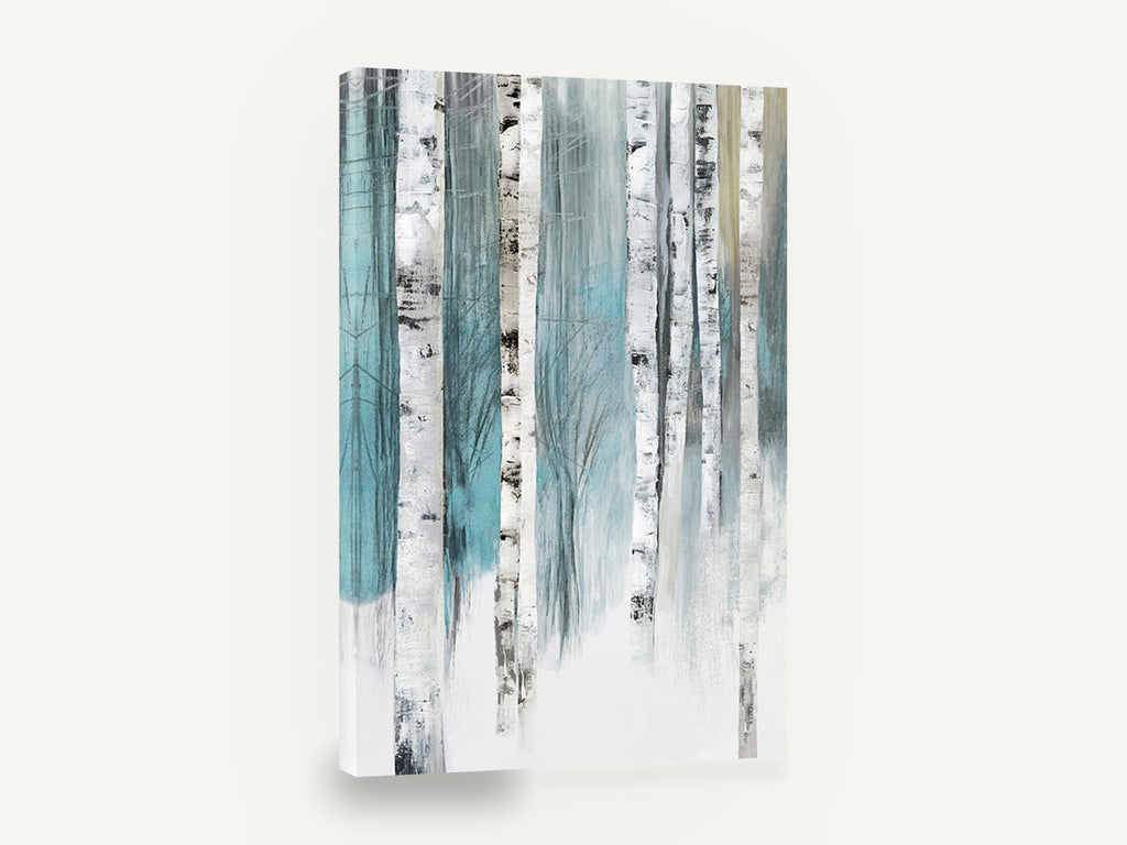 Teal Birch Stand, teal and white birch trees abstract, floral canvas wall art print ready to hang