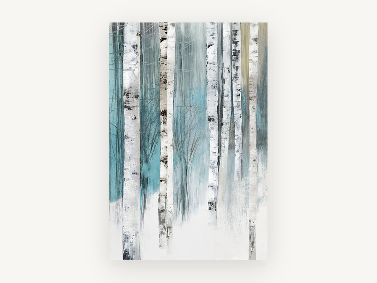 Teal Birch Stand, floral canvas wall art print, front view