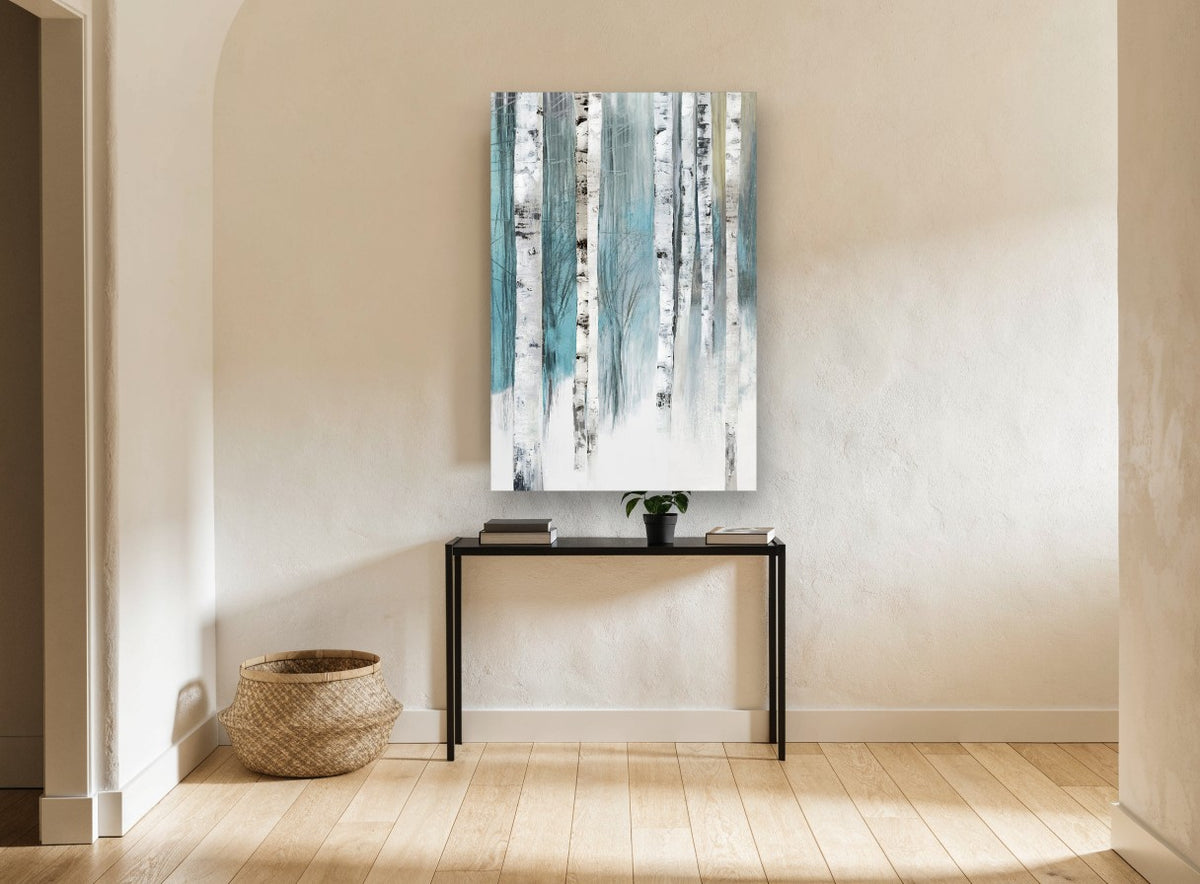Teal Birch Stand floral canvas print on the wall of a hallway