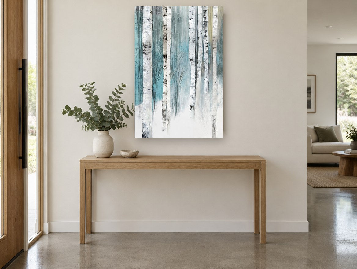 Teal Birch Stand floral canvas print on the wall of a entry hall