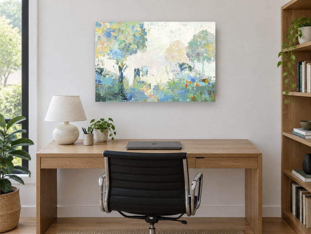 Misty Orchard Light floral canvas print on the wall of a study