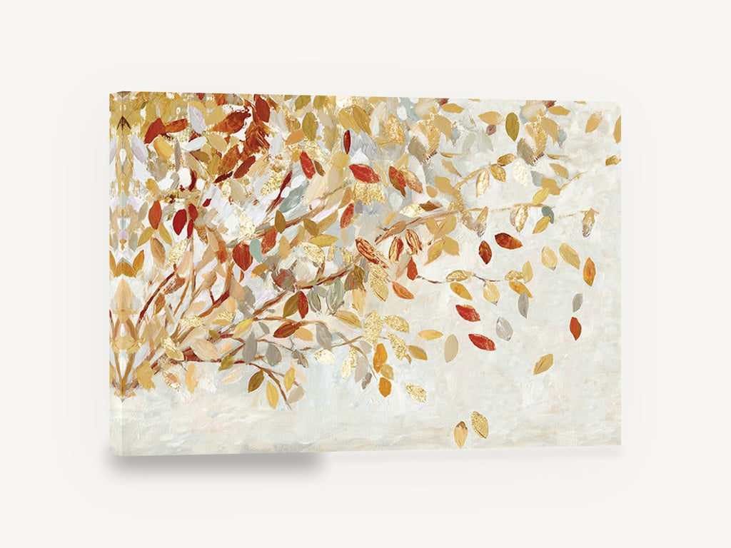 Autumn Leaves Adrift, autumn leaves falling gold red painting, floral canvas wall art print ready to hang
