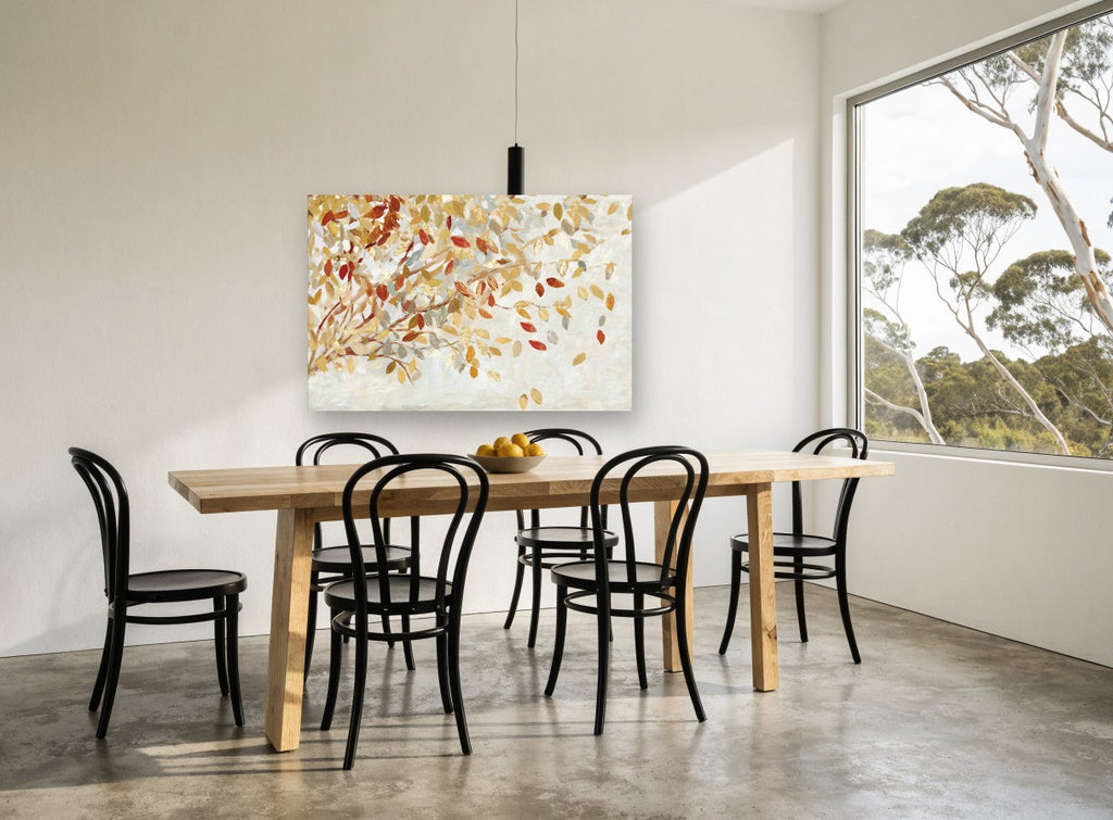 Autumn Leaves Adrift floral canvas print on the wall of a dining room