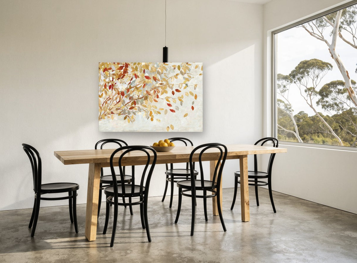 Autumn Leaves Adrift floral canvas print on the wall of a dining room