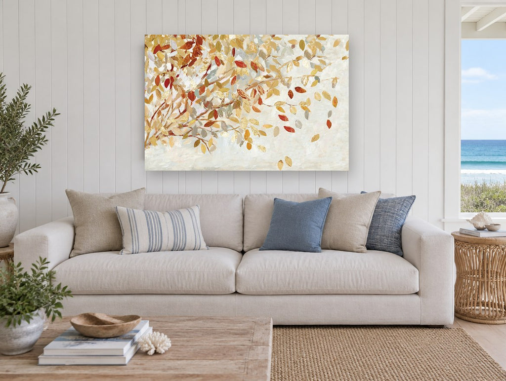Autumn Leaves Adrift floral canvas print on the wall of a beach house living room