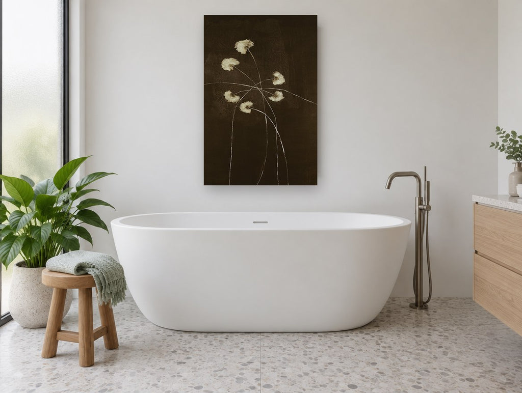 Pale Blooms at Night floral canvas print on the wall of a bathroom