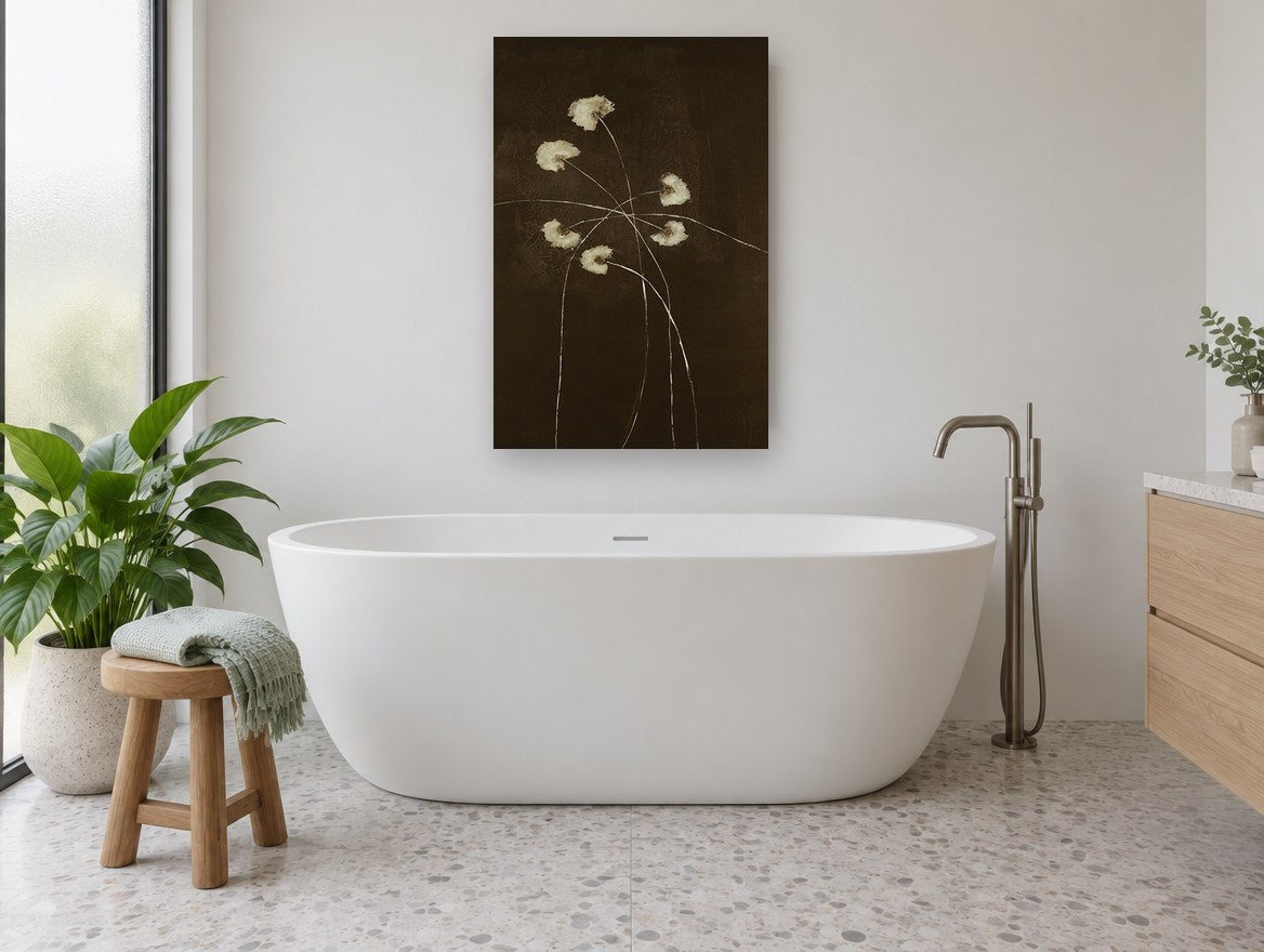 Pale Blooms at Night floral canvas print on the wall of a bathroom