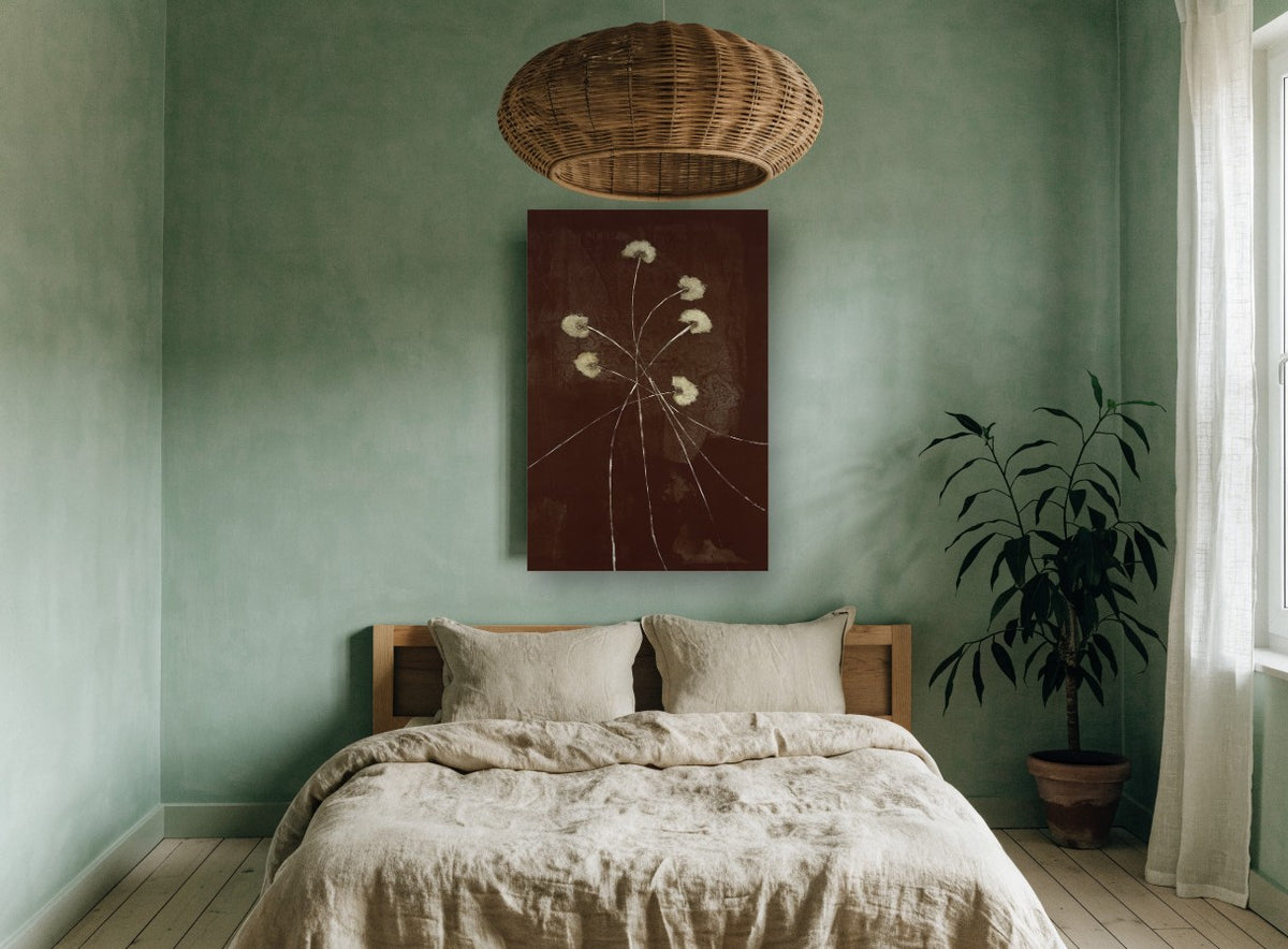 Cocoa Dusk Wildflowers floral canvas print on the wall of a bedroom