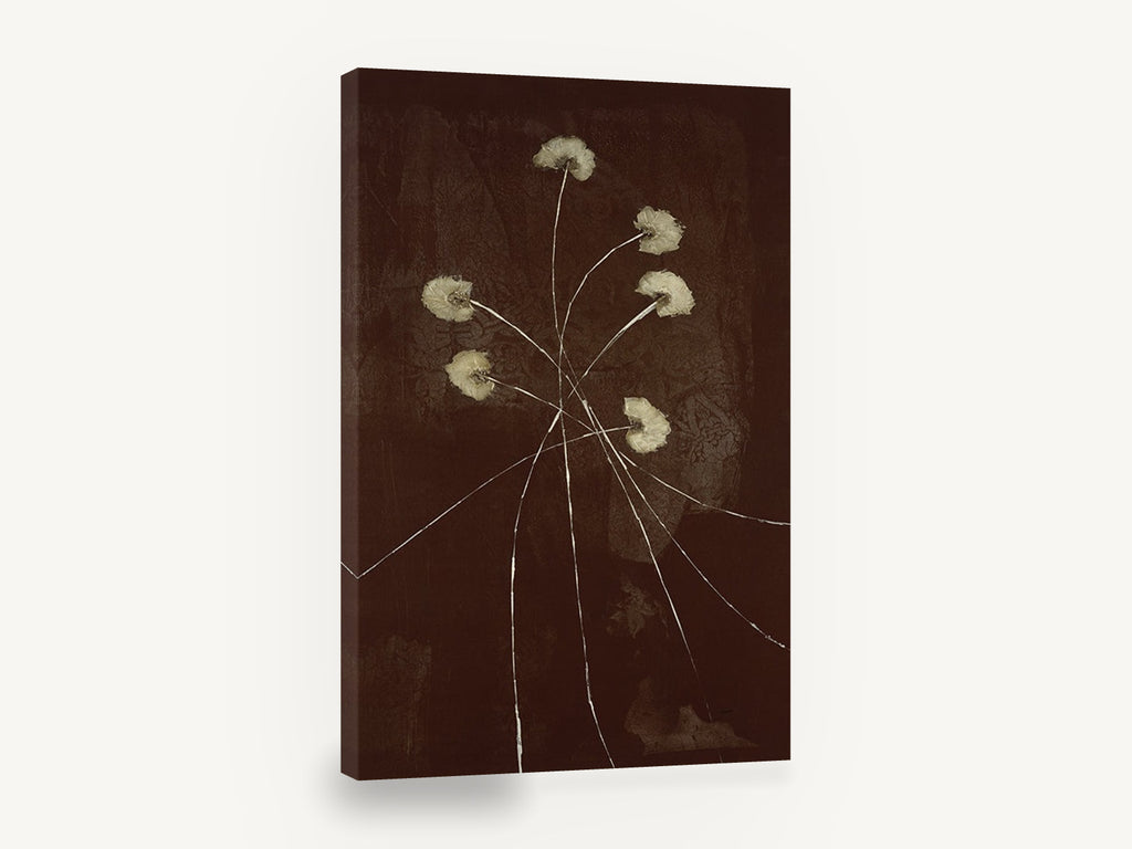 Cocoa Dusk Wildflowers, cream flowers on dark brown botanical, floral canvas wall art print ready to hang