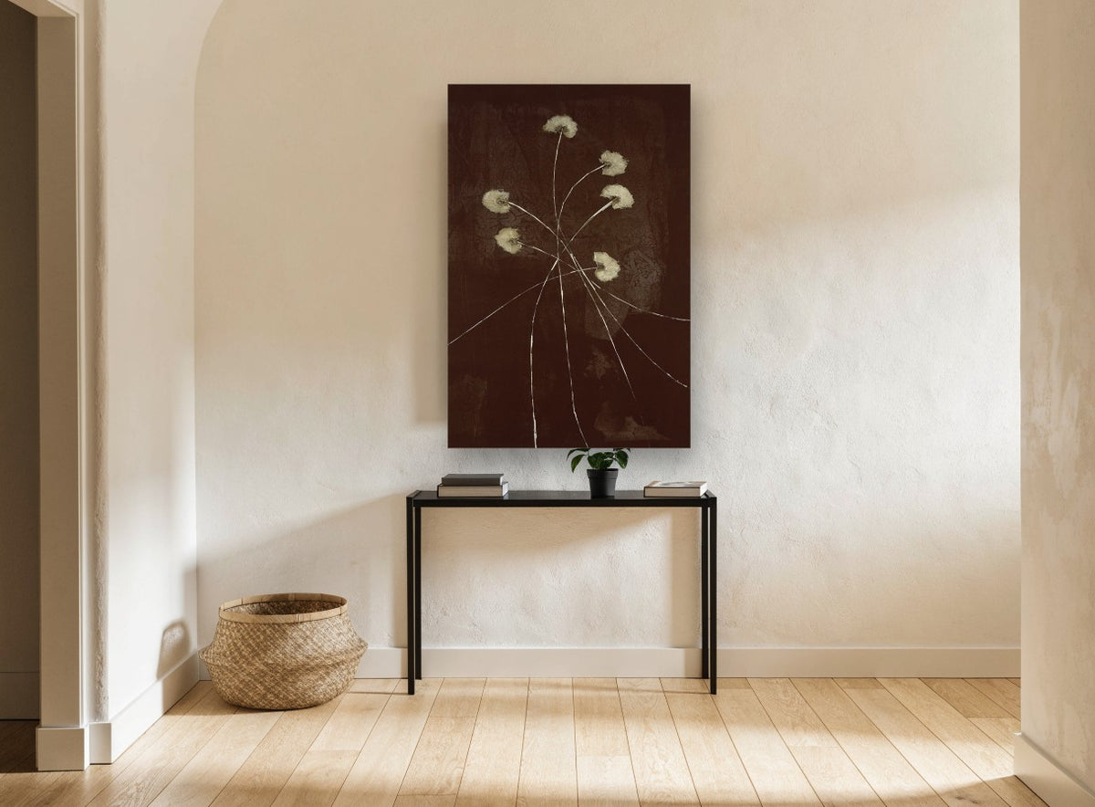 Cocoa Dusk Wildflowers floral canvas print on the wall of a hallway