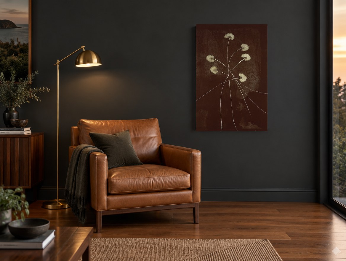 Cocoa Dusk Wildflowers floral canvas print on the wall of a charcoal living room