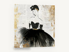 Lady in Newsprint Black, retro fashion illustration newspaper, stretched canvas wall art print ready to hang