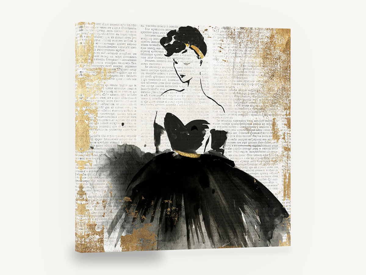 Lady in Newsprint Black, retro fashion illustration newspaper, stretched canvas wall art print ready to hang