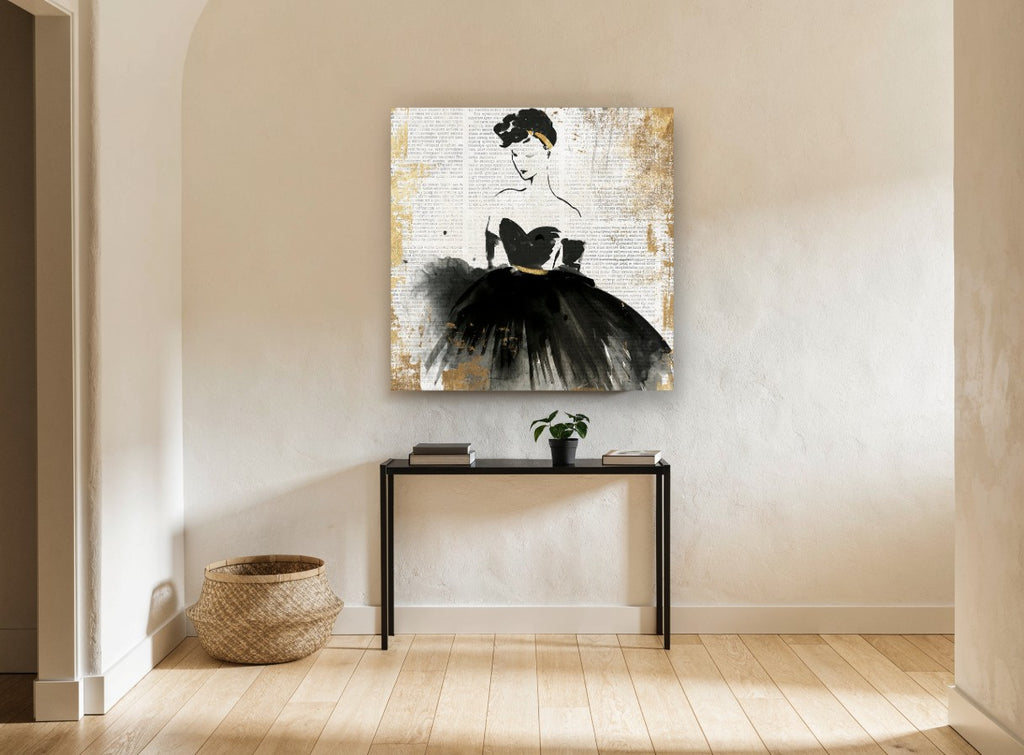 Lady in Newsprint Black vintage canvas print on the wall of a hallway