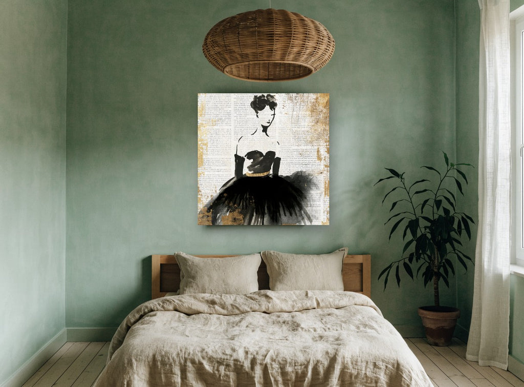 Lady in Black Newsprint vintage canvas print on the wall of a bedroom