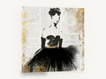 Lady in Black Newsprint, retro fashion lady black dress, stretched canvas wall art print ready to hang