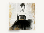Lady in Black Newsprint, retro fashion lady black dress, stretched canvas wall art print ready to hang