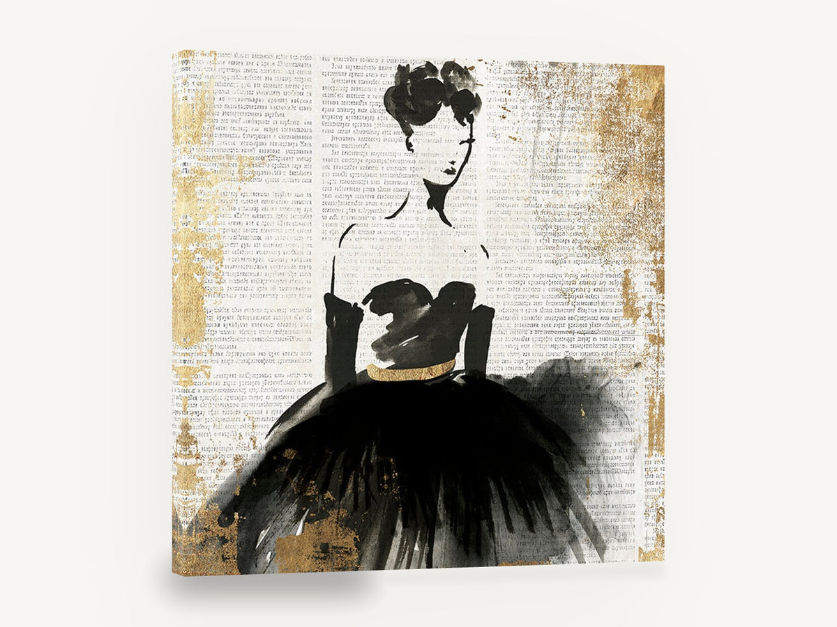 Lady in Black Newsprint, retro fashion lady black dress, stretched canvas wall art print ready to hang