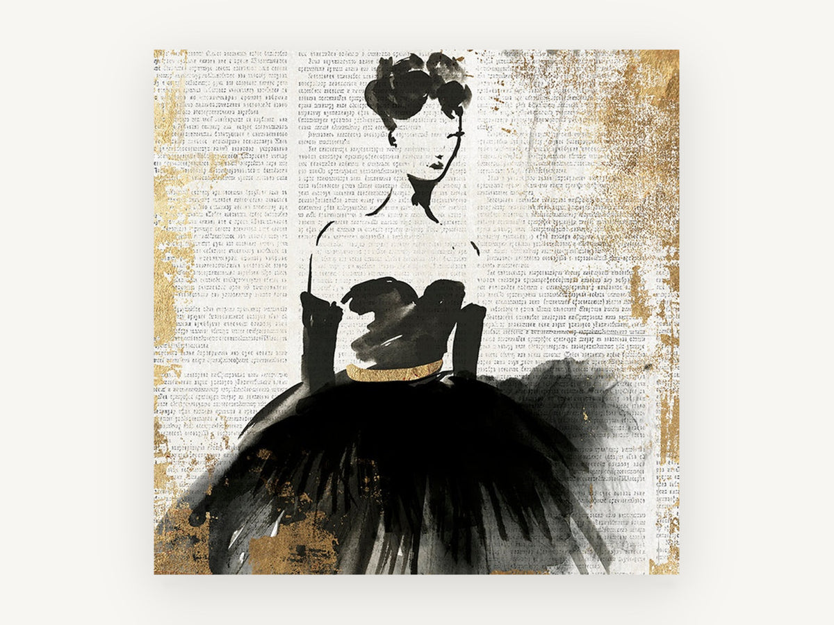 Lady in Black Newsprint, vintage canvas wall art print, front view