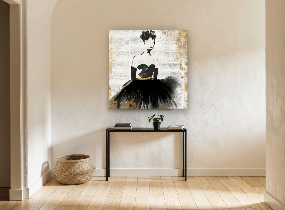 Lady in Black Newsprint vintage canvas print on the wall of a hallway
