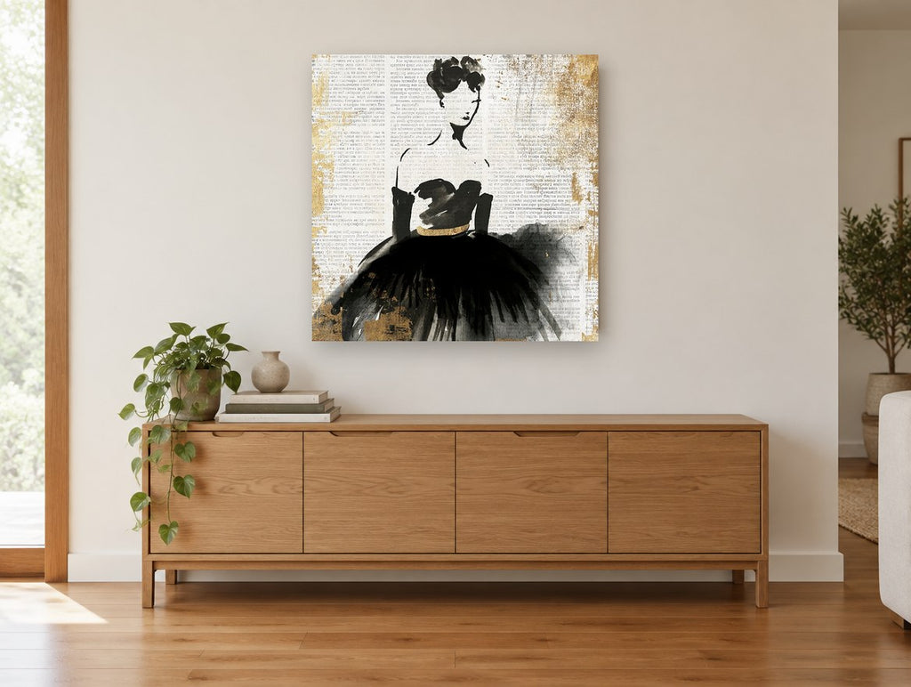 Lady in Black Newsprint vintage canvas print on the wall of a living room above a sideboard