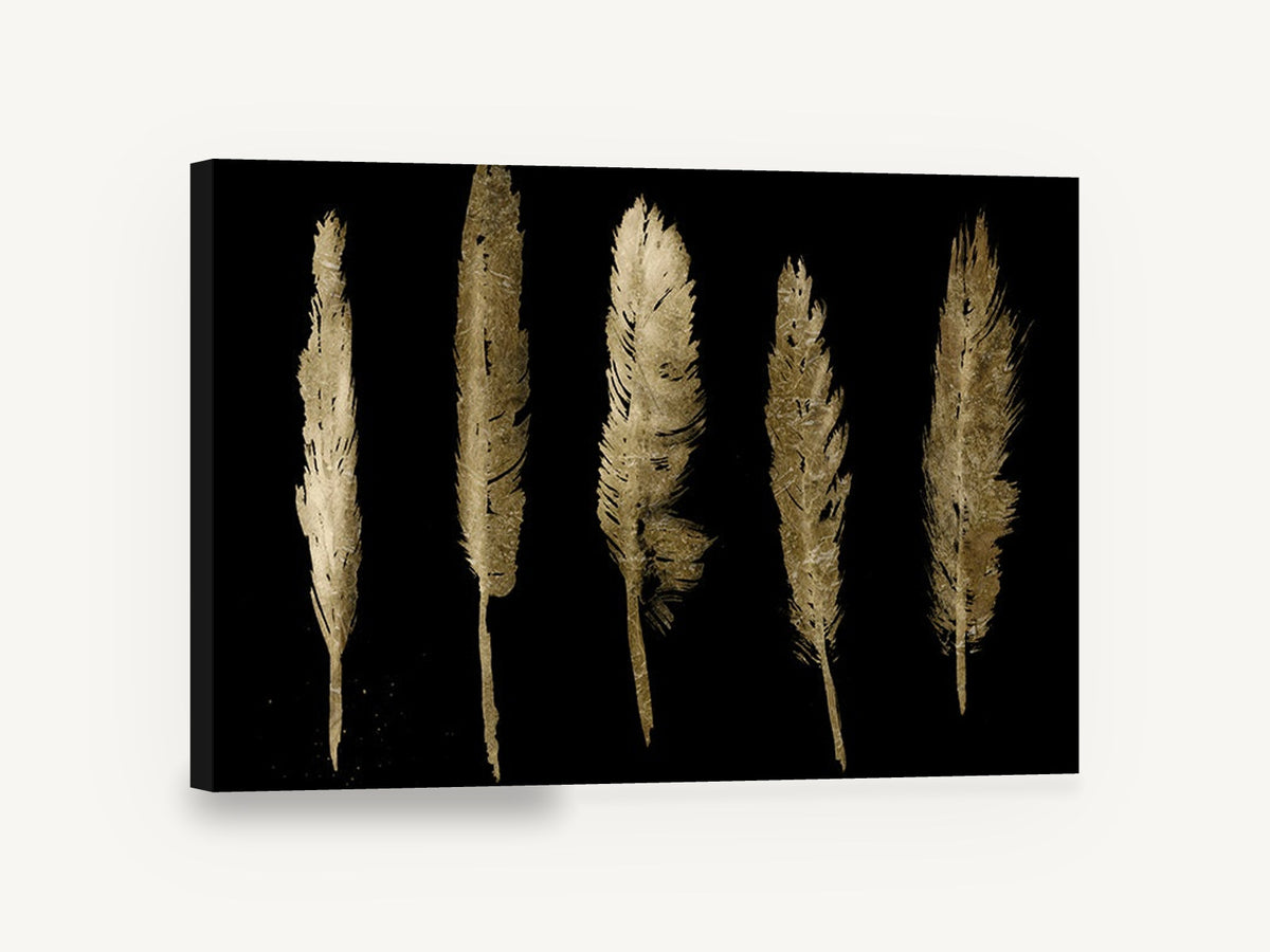 Five Gold Quills, gold feathers on black illustration, animal canvas wall art print ready to hang