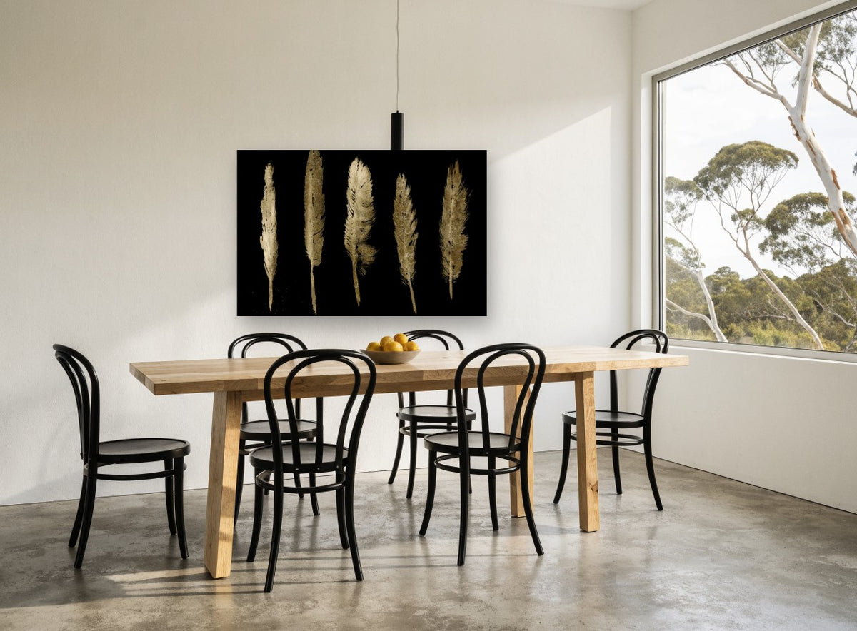 Five Gold Quills animal canvas print on the wall of a dining room