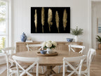Five Gold Quills animal canvas print on the wall of a Hamptons dining room