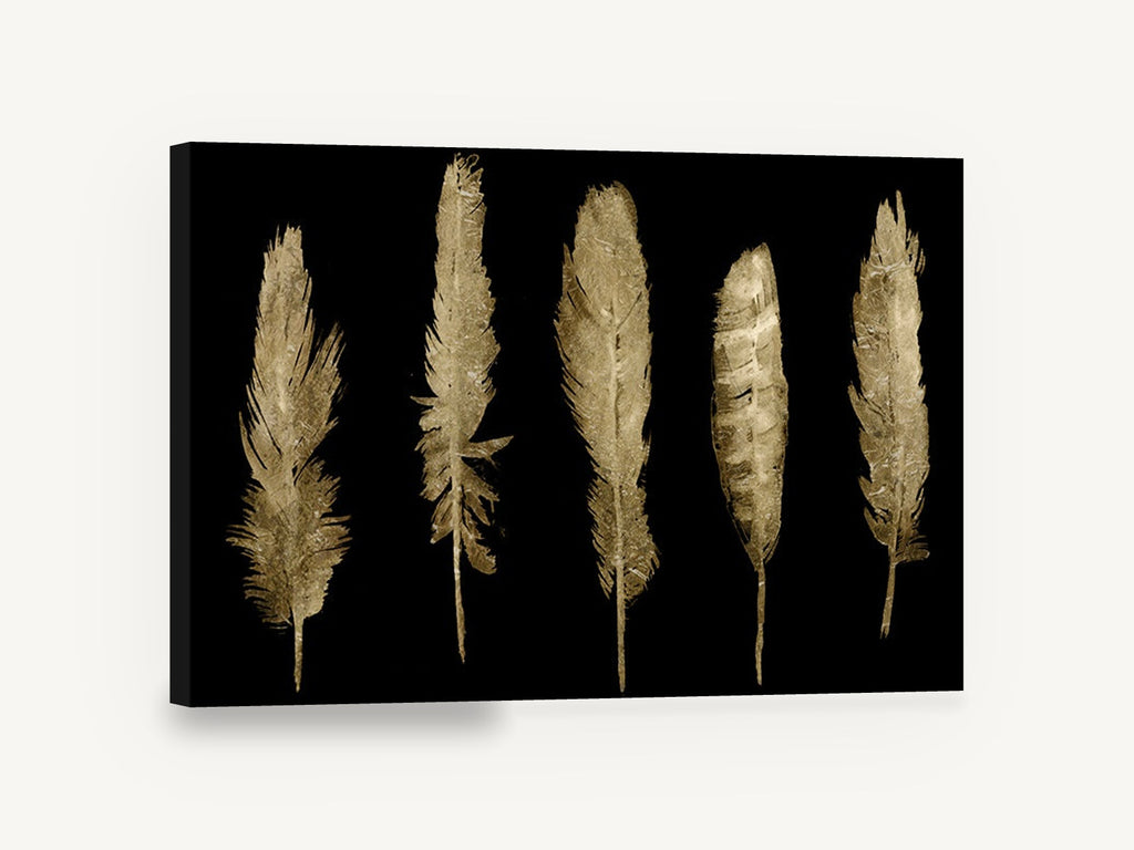 Five Gilded Feathers, gold feathers on black illustration, animal canvas wall art print ready to hang