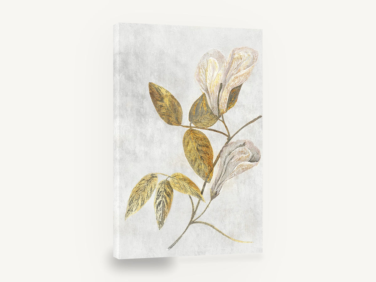 Gilded Pea Blossom Stem, gold leaf blossom botanical illustration, floral canvas wall art print ready to hang