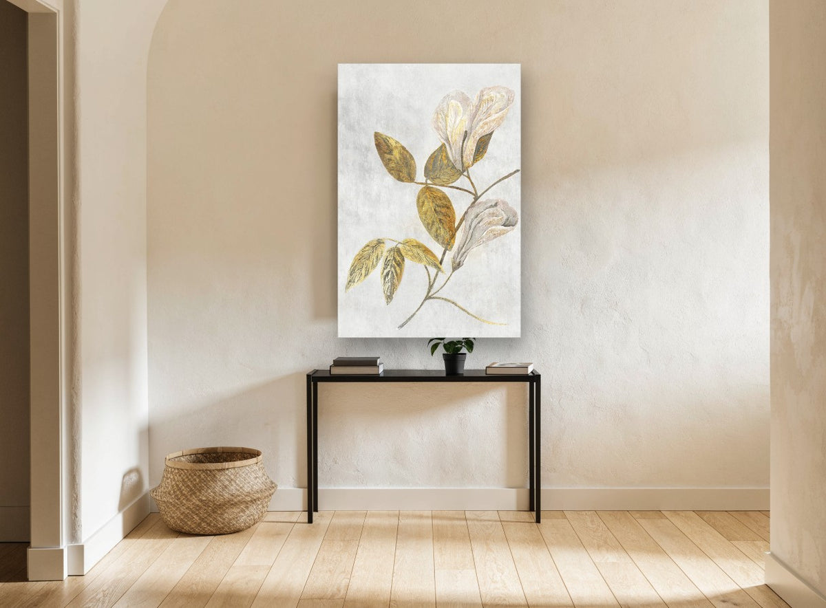 Gilded Pea Blossom Stem floral canvas print on the wall of a hallway